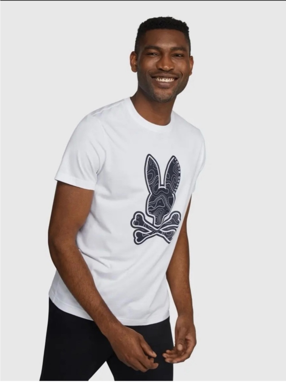 Psycho Bunny White Tee with Navy Topographic Bunny Graphic